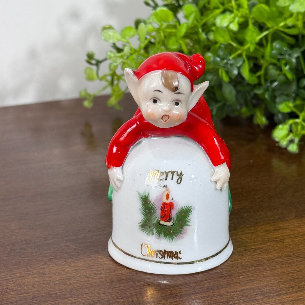 Vintage Christmas Pixie Elf Bell Ornament Japan Porcelain Hugger MCM 1950s